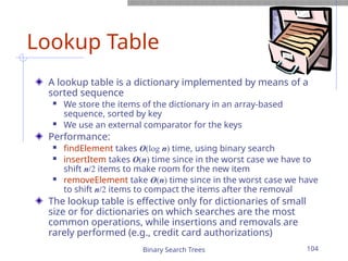 Binary Search Trees 104
Lookup Table
A lookup table is a dictionary implemented by means of a
sorted sequence
 We store the items of the dictionary in an array-based
sequence, sorted by key
 We use an external comparator for the keys
Performance:
 findElement takes O(log n) time, using binary search
 insertItem takes O(n) time since in the worst case we have to
shift n/2 items to make room for the new item
 removeElement take O(n) time since in the worst case we have
to shift n/2 items to compact the items after the removal
The lookup table is effective only for dictionaries of small
size or for dictionaries on which searches are the most
common operations, while insertions and removals are
rarely performed (e.g., credit card authorizations)
 