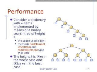 Binary Search Trees 110
Performance
Consider a dictionary
with n items
implemented by
means of a binary
search tree of height
h
 the space used is O(n)
 methods findElement ,
insertItem and
removeElement take
O(h) time
The height h is O(n) in
the worst case and
O(log n) in the best
case
 