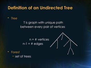 Definition of an Undirected Tree
• Tree
T is graph with unique path
between every pair of vertices
n = # vertices
n-1 = # edges
• Forest
– set of trees
 