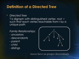 Definition of a Directed Tree
• Directed Tree
T is digraph with distinguished vertex root r
such that each vertex reachable from r by a
unique path
Family Relationships:
- ancestors
- descendants
- parent
- child
- siblings
r
leaves have no proper descendants
 