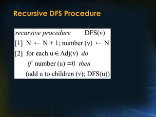 Recursive DFS Procedure
DFS(v)
[1] N N + 1; number (v) N
[2] for each u Adj(v)
number (u) 0
(add u to children (v); DFS(u))
recursive procedure
do
if then
 


 