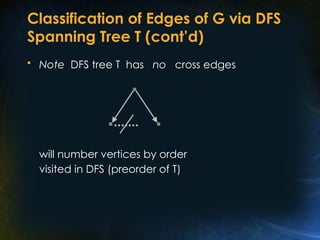 Classification of Edges of G via DFS
Spanning Tree T (cont’d)
• Note DFS tree T has no cross edges
will number vertices by order
visited in DFS (preorder of T)
 