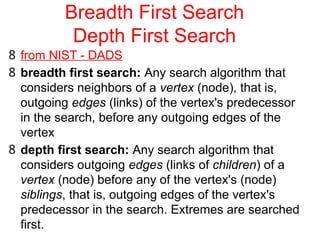 Breadth First Search
Depth First Search
8 from NIST - DADS
8 breadth first search: Any search algorithm that
considers neighbors of a vertex (node), that is,
outgoing edges (links) of the vertex's predecessor
in the search, before any outgoing edges of the
vertex
8 depth first search: Any search algorithm that
considers outgoing edges (links of children) of a
vertex (node) before any of the vertex's (node)
siblings, that is, outgoing edges of the vertex's
predecessor in the search. Extremes are searched
first.
 
