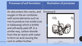 Processes of soil formation Illustration of processes
Air also enters the cracks, and
oxygen in the air combines
with some elements such as
iron to produce iron oxide (rust
or kalawang) which is brittle
and will easily peel off. In a
similar way, carbon dioxide
from the air reacts with water
to form an acid causing the
rock to soften further.
Drawing D
 