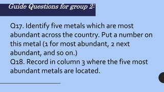 Guide Questions for group 2:
Q17. Identify five metals which are most
abundant across the country. Put a number on
this metal (1 for most abundant, 2 next
abundant, and so on.)
Q18. Record in column 3 where the five most
abundant metals are located.
 
