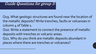 Guide Questions for group 3:
Q19.What geologic structures are found near the location of
the metallic deposits?Write trenches, faults or volcanoes in
column 4 ofTable 1.
Q20.Write a statement to connect the presence of metallic
deposits with trenches or volcanic areas.
Q21.Why do you think are metallic deposits abundant in
places where there are trenches or volcanoes?
 