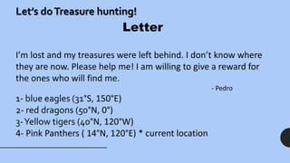 Let’s doTreasure hunting!
Letter
I’m lost and my treasures were left behind. I don’t know where
they are now. Please help me! I am willing to give a reward for
the ones who will find me.
- Pedro
1- blue eagles (31°S, 150°E)
2- red dragons (50°N, 0°)
3-Yellow tigers (40°N, 120°W)
4- Pink Panthers ( 14°N, 120°E) * current location
 