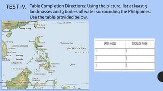 TEST IV. Table Completion Directions: Using the picture, list at least 3
landmasses and 3 bodies of water surrounding the Philippines.
Use the table provided below.
 