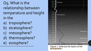 Q5.What is the
relationship between
temperature and height
in the
a) troposphere?
b) stratosphere?
c) mesosphere?
d) thermosphere?
e) exosphere?
 