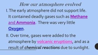 How our atmosphere evolved
I.The early atmosphere did not support life.
It contained deadly gases such as Methane
and Ammonia. There was very little
Oxygen.
II. Over time, gases were added to the
atmosphere by volcanic eruptions, and as a
result of chemical reactions due to sunlight.
 