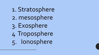 1. Stratosphere
2. mesosphere
3. Exosphere
4 Troposphere
5. Ionosphere
 