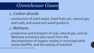 19
7
Greenhouse Gases
1. Carbon dioxide
–combustion of solid waste, fossil fuels (oil, natural gas,
and coal), and wood and wood products
2. Methane :
–production and transport of coal, natural gas, and oil.
Methane emissions also result from the
decomposition of organic wastes in municipal solid
waste landfills, and the raising of livestock.
 