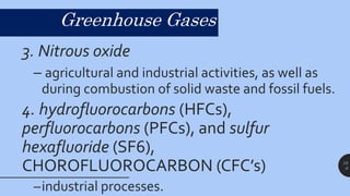 19
8
Greenhouse Gases
3. Nitrous oxide
– agricultural and industrial activities, as well as
during combustion of solid waste and fossil fuels.
4. hydrofluorocarbons (HFCs),
perfluorocarbons (PFCs), and sulfur
hexafluoride (SF6),
CHOROFLUOROCARBON (CFC’s)
–industrial processes.
 