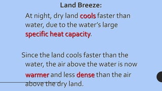Land Breeze:
At night, dry land cools faster than
water, due to the water’s large
specific heat capacity.
Since the land cools faster than the
water, the air above the water is now
warmer and less dense than the air
above the dry land.
 