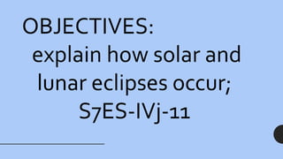 OBJECTIVES:
explain how solar and
lunar eclipses occur;
S7ES-IVj-11
 