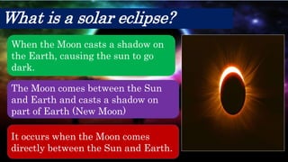 What is a solar eclipse?
When the Moon casts a shadow on
the Earth, causing the sun to go
dark.
The Moon comes between the Sun
and Earth and casts a shadow on
part of Earth (New Moon)
It occurs when the Moon comes
directly between the Sun and Earth.
 