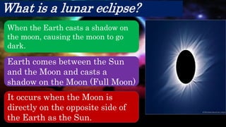 When the Earth casts a shadow on
the moon, causing the moon to go
dark.
Earth comes between the Sun and
the Moon and casts a shadow on the
Moon (Full Moon)
It occurs when the Moon is
directly on the opposite side of
the Earth as the Sun.
What is a lunar eclipse?
When the Earth casts a shadow on
the moon, causing the moon to go
dark.
Earth comes between the Sun
and the Moon and casts a
shadow on the Moon (Full Moon)
 