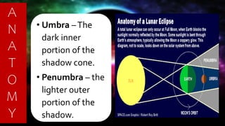 • Umbra –The
dark inner
portion of the
shadow cone.
• Penumbra – the
lighter outer
portion of the
shadow.
A
N
A
T
O
M
Y
 