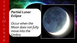 Partial Lunar
Eclipse
Occur when the
Moon does not fully
move into the
Umbra
T
Y
P
E
S
OF
L
U
N
A
R
 