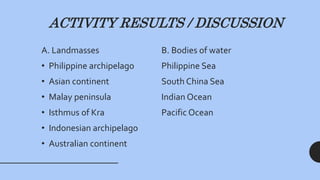 ACTIVITY RESULTS / DISCUSSION
A. Landmasses B. Bodies of water
• Philippine archipelago Philippine Sea
• Asian continent South China Sea
• Malay peninsula Indian Ocean
• Isthmus of Kra Pacific Ocean
• Indonesian archipelago
• Australian continent
 