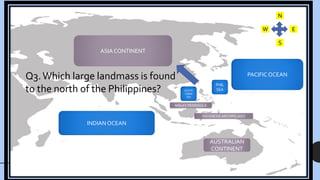 ASIA CONTINENT
AUSTRALIAN
CONTINENT
MALAY PENINSULA
INDONESIA ARCHIPELAGO
PACIFIC OCEAN
PHIL
SEA
SOUTH
CHINA
SEA
INDIAN OCEAN
N
W
S
E
Q3.Which large landmass is found
to the north of the Philippines?
 