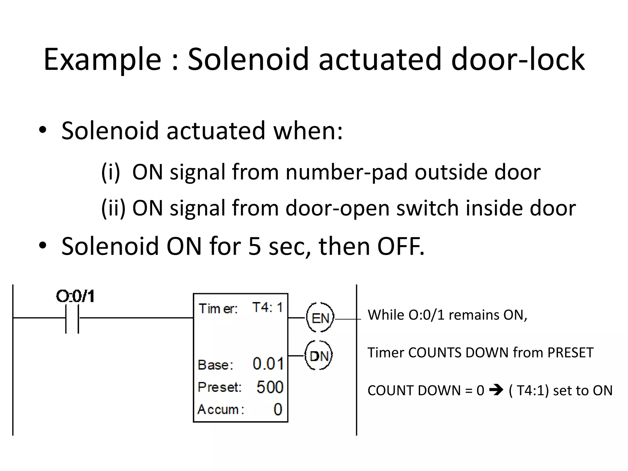 Example : Solenoid actuated door-lock
• Solenoid actuated when:
(i) ON signal from number-pad outside door
(ii) ON signal from door-open switch inside door
• Solenoid ON for 5 sec, then OFF.
While O:0/1 remains ON,
Timer COUNTS DOWN from PRESET
COUNT DOWN = 0  ( T4:1) set to ON
 