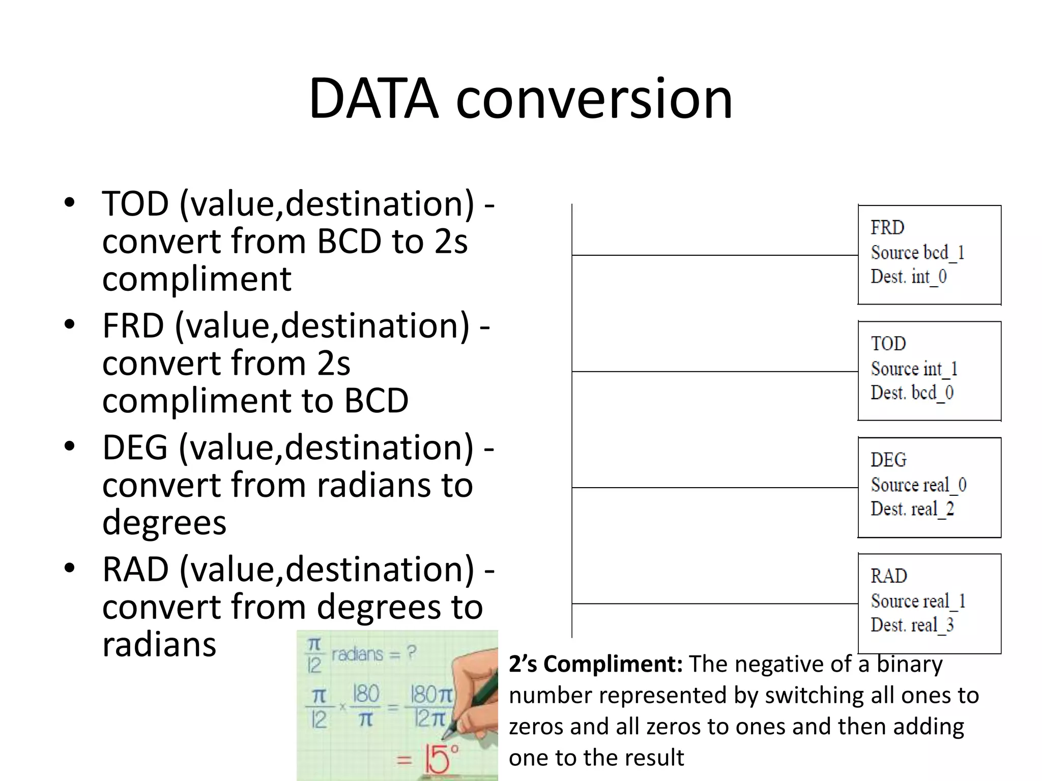 DATA conversion
• TOD (value,destination) -
convert from BCD to 2s
compliment
• FRD (value,destination) -
convert from 2s
compliment to BCD
• DEG (value,destination) -
convert from radians to
degrees
• RAD (value,destination) -
convert from degrees to
radians 2’s Compliment: The negative of a binary
number represented by switching all ones to
zeros and all zeros to ones and then adding
one to the result
 