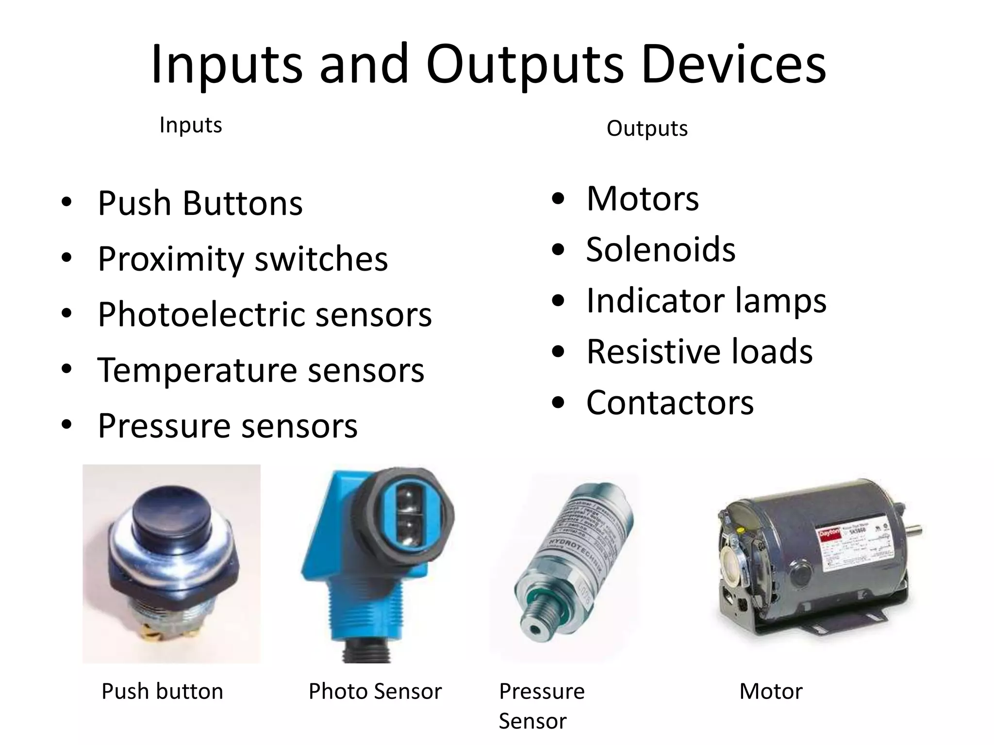 Inputs and Outputs Devices
• Push Buttons
• Proximity switches
• Photoelectric sensors
• Temperature sensors
• Pressure sensors
• Motors
• Solenoids
• Indicator lamps
• Resistive loads
• Contactors
Inputs Outputs
Push button Photo Sensor Pressure
Sensor
Motor
 