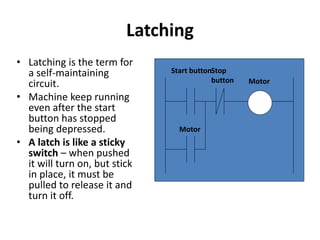 Latching
• Latching is the term for
a self-maintaining
circuit.
• Machine keep running
even after the start
button has stopped
being depressed.
• A latch is like a sticky
switch – when pushed
it will turn on, but stick
in place, it must be
pulled to release it and
turn it off.
Start button
Motor
Motor
Stop
button
 