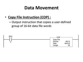 Data Movement
• Copy File Instruction (COP) :
– Output instruction that copies a user-defined
group of 16-bit data file words
 