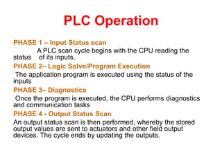 PLC Operation
PHASE 1 – Input Status scan
A PLC scan cycle begins with the CPU reading the
status of its inputs.
PHASE 2– Logic Solve/Program Execution
The application program is executed using the status of the
inputs
PHASE 3– Diagnostics
Once the program is executed, the CPU performs diagnostics
and communication tasks
PHASE 4 - Output Status Scan
An output status scan is then performed, whereby the stored
output values are sent to actuators and other field output
devices. The cycle ends by updating the outputs.
 