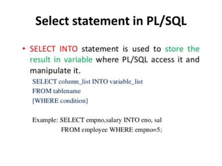 Select statement in PL/SQL
 