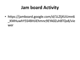 Jam board Activity
• https://jamboard.google.com/d/1LZljXUUmn6
_KMHuwhY5S4BHJiEhmnc9EYA0ZuhBTQx8/vie
wer
 