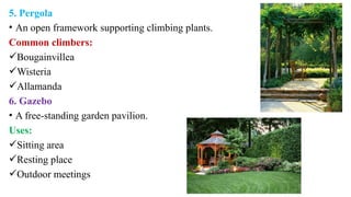 5. Pergola
• An open framework supporting climbing plants.
Common climbers:
Bougainvillea
Wisteria
Allamanda
6. Gazebo
• A free-standing garden pavilion.
Uses:
Sitting area
Resting place
Outdoor meetings
 