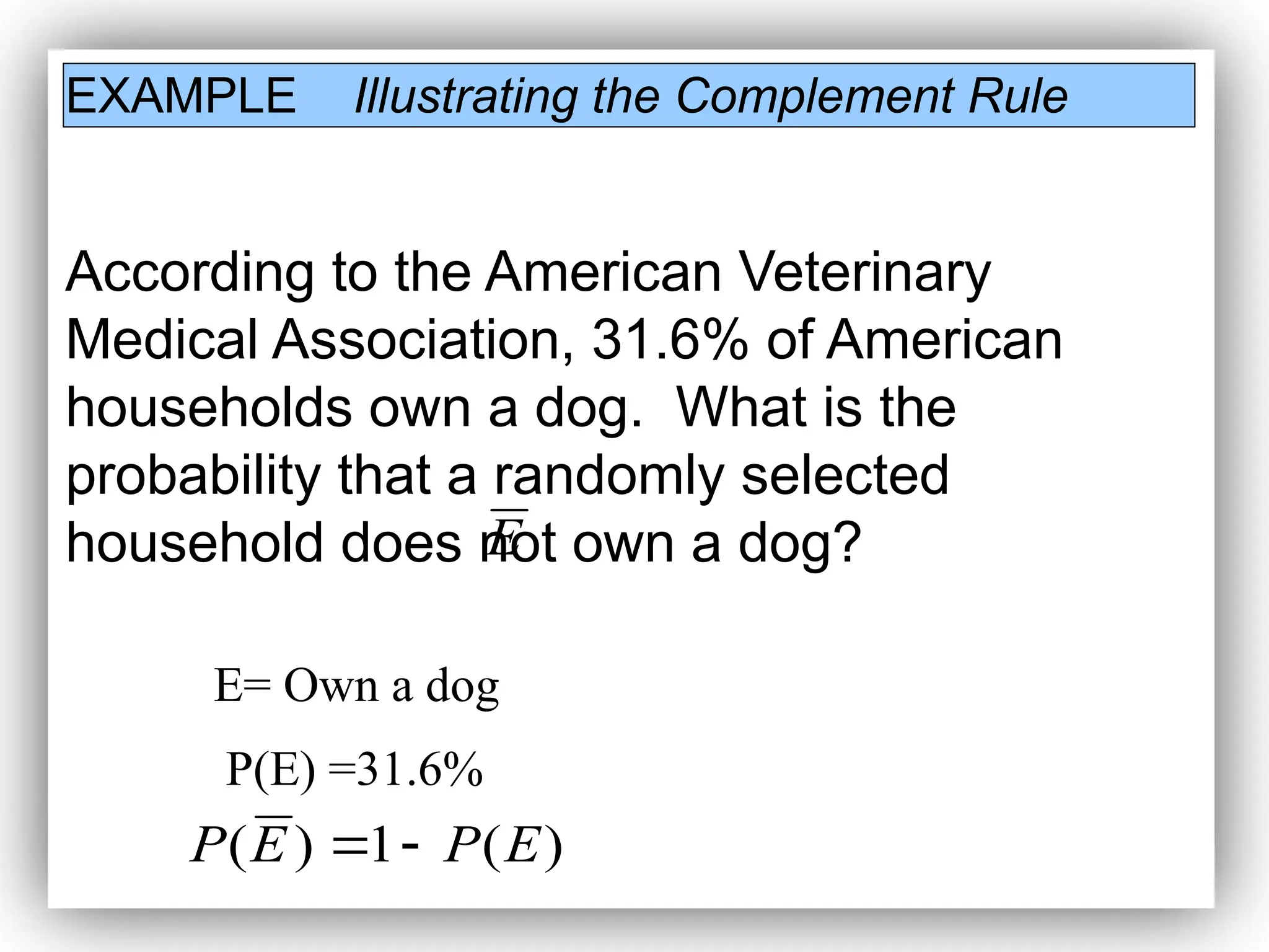 EXAMPLE Illustrating the Complement Rule
According to the American Veterinary
Medical Association, 31.6% of American
households own a dog. What is the
probability that a randomly selected
household does not own a dog?
E= Own a dog
P(E) =31.6%
)
(
1
)
( E
P
E
P 

E
 