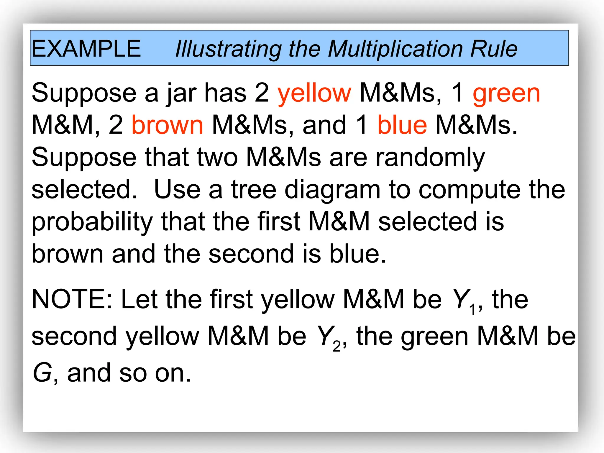 EXAMPLE Illustrating the Multiplication Rule
Suppose a jar has 2 yellow M&Ms, 1 green
M&M, 2 brown M&Ms, and 1 blue M&Ms.
Suppose that two M&Ms are randomly
selected. Use a tree diagram to compute the
probability that the first M&M selected is
brown and the second is blue.
NOTE: Let the first yellow M&M be Y1, the
second yellow M&M be Y2, the green M&M be
G, and so on.
 
