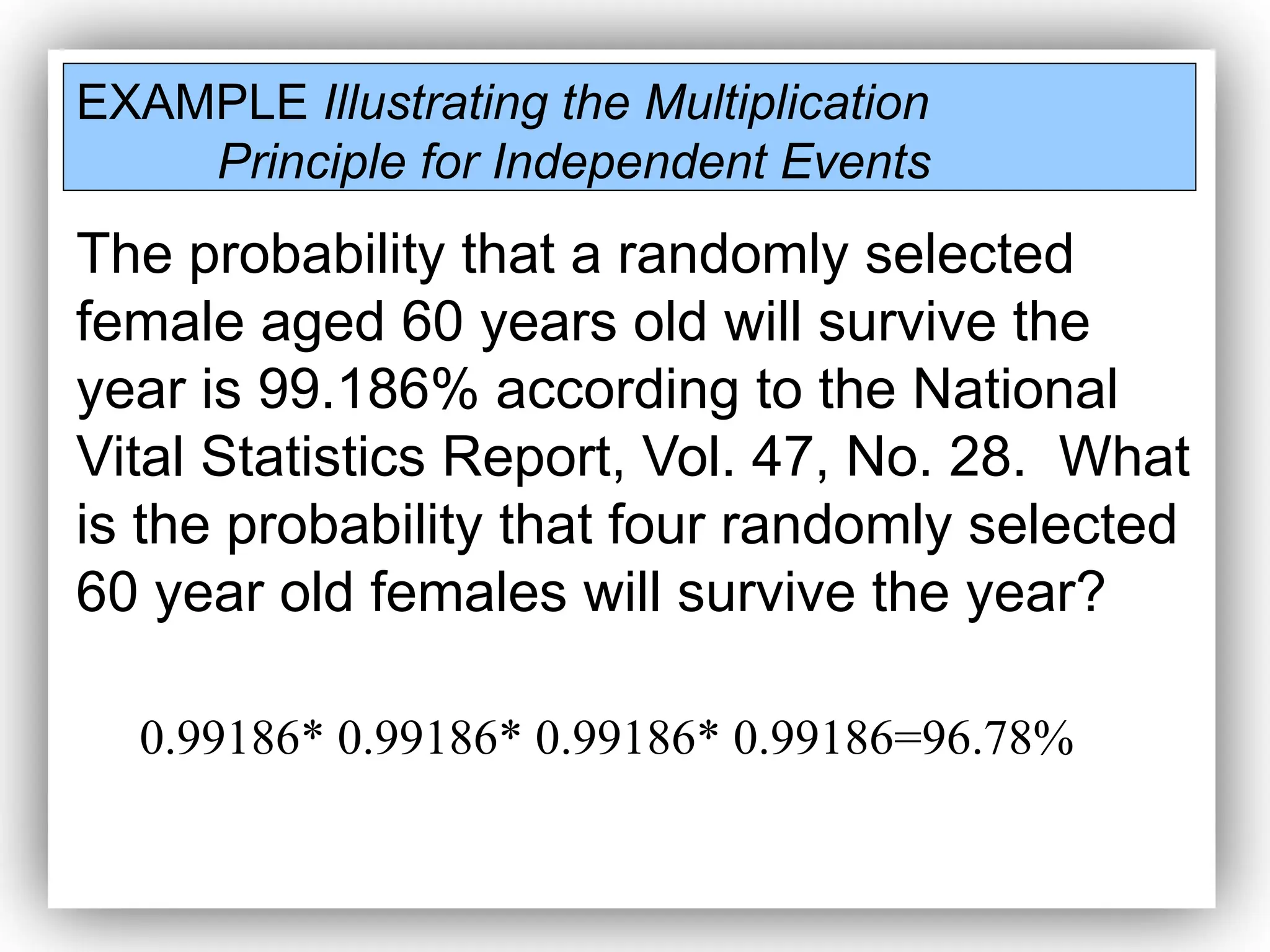 EXAMPLE Illustrating the Multiplication
Principle for Independent Events
The probability that a randomly selected
female aged 60 years old will survive the
year is 99.186% according to the National
Vital Statistics Report, Vol. 47, No. 28. What
is the probability that four randomly selected
60 year old females will survive the year?
0.99186* 0.99186* 0.99186* 0.99186=96.78%
 