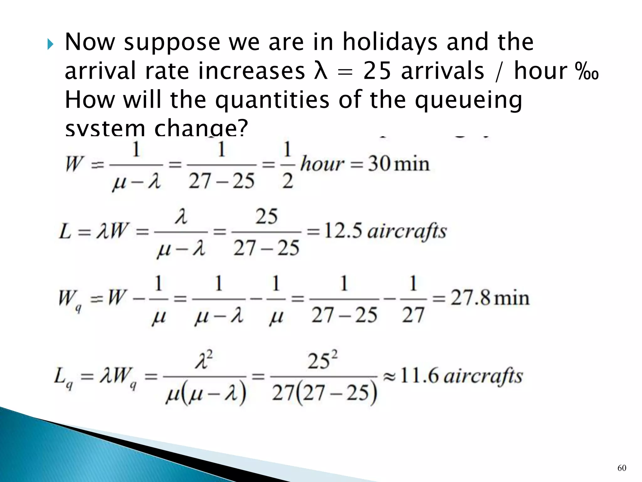  Now suppose we are in holidays and the
arrival rate increases λ = 25 arrivals / hour ‰
How will the quantities of the queueing
system change?
60
 