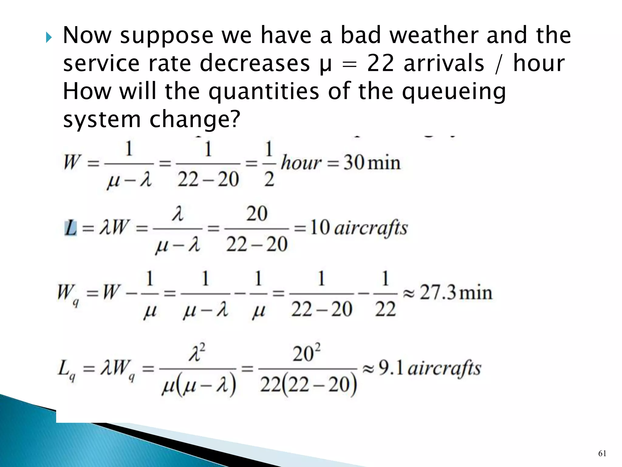  Now suppose we have a bad weather and the
service rate decreases µ = 22 arrivals / hour
How will the quantities of the queueing
system change?
61
 