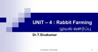 UNIT – 4 : Rabbit Farming
Dr.T.Sivakumar
1
Dr.T.Sivakumar - Shift II Zoology
முயல் வளர்ப்பு
 
