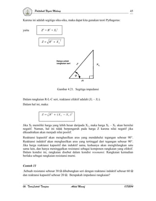 Politeknik Negeri Malang

45

Karena ini adalah segitiga siku-siku, maka dapat kita gunakan teori Pythagoras:
yaitu

Z2 = R2 + XL2.

Z = R2 + X L

2

Hanya untuk
rangkaian seri

Gambar 4.21. Segitiga impedansi
Dalam rangkaian R-L-C seri, reaktansi efektif adalah (XL – XC).
Dalam hal ini, maka:
Z =

R2 + (X L − X C )2

Jika XC memiliki harga yang lebih besar daripada X L, maka harga XL – XC akan bernilai
negatif. Namun, hal ini tidak berpengaruh pada harga Z karena nilai negatif jika
dikuadratkan akan menjadi nilai positif.
Reaktansi kapasitif akan menghasilkan arus yang mendahului tegangan sebesar 90°.
Reaktansi induktif akan menghasilkan arus yang tertinggal dari tegangan sebesar 90°.
Jika harga reaktansi kapasitif dan induktif sama, keduanya akan menghilangkan satu
sama lain, dan hanya meninggalkan resistansi sebagai komponen rangkaian yang efektif.
Dalam kondisi ini, rangkaian disebut dalam kondisi resonansi. Rangkaian kemudian
berlaku sebagai rangkaian resistansi murni.
Contoh 11
.Sebuah resistansi sebesar 30 Ω dihubungkan seri dengan reaktansi induktif sebesar 60 Ω
dan reaktansi kapasitif sebesar 20 Ω. Berapakah impedansi rangkaian?

06. TeoriListrik Terapan

Abdul Manaf

1/7/2014

 