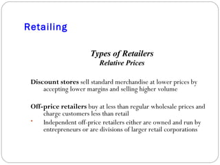 Retailing Types of Retailers Relative Prices Discount stores  sell standard merchandise at lower prices by accepting lower margins and selling higher volume Off-price retailers  buy at less than regular wholesale prices and charge customers less than retail Independent off-price retailers either are owned and run by entrepreneurs or are divisions of larger retail corporations 
