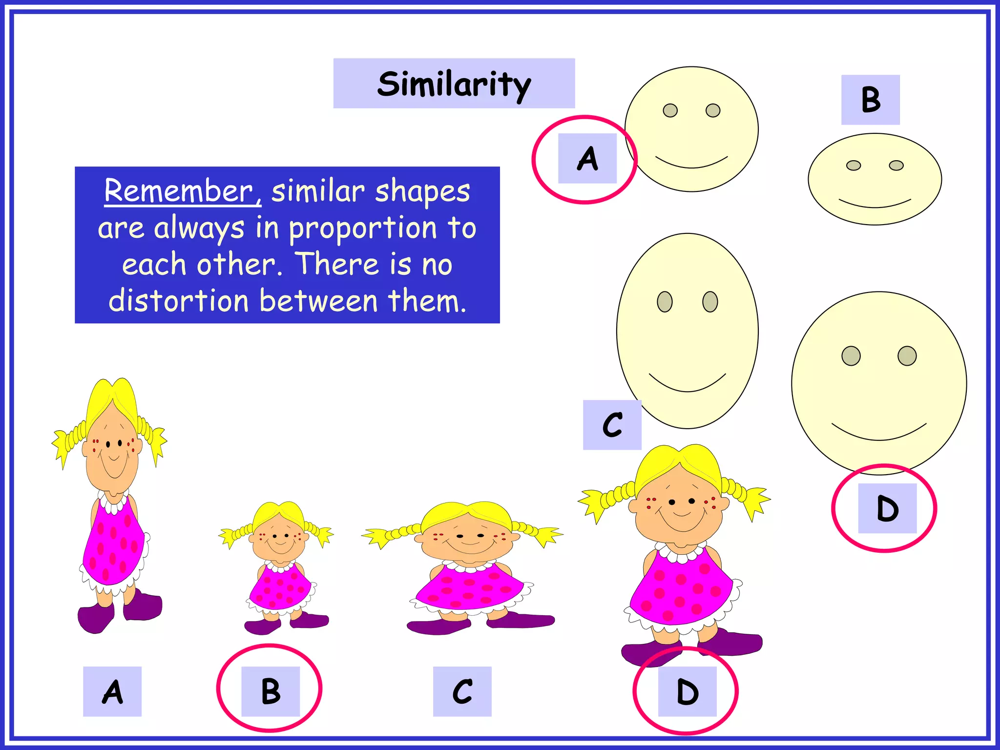 A
B
C
D
A B C D
Similarity
Remember, similar shapes
are always in proportion to
each other. There is no
distortion between them.
 