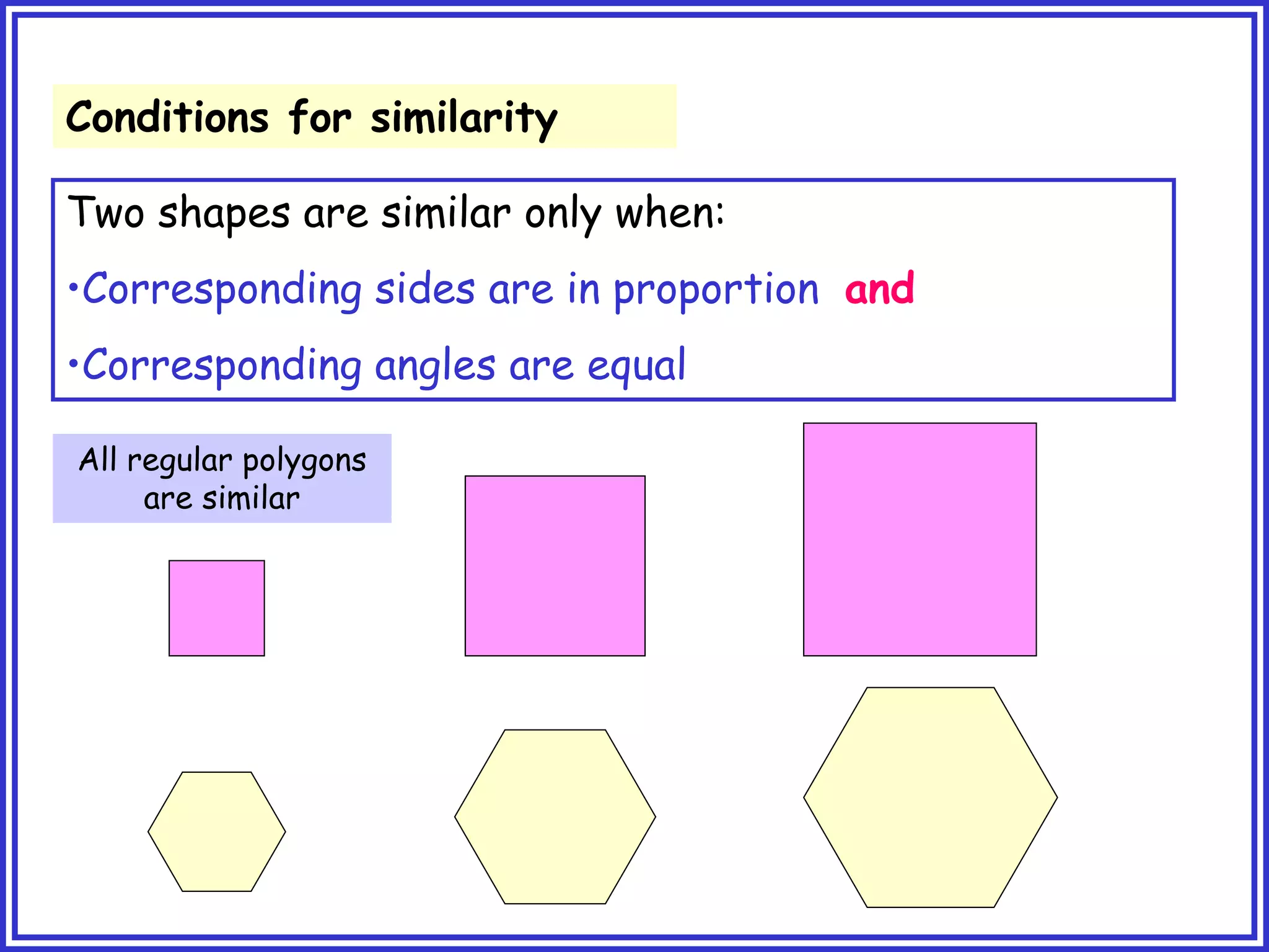 Conditions for similarity
Two shapes are similar only when:
•Corresponding sides are in proportion and
•Corresponding angles are equal
All regular polygons
are similar
 