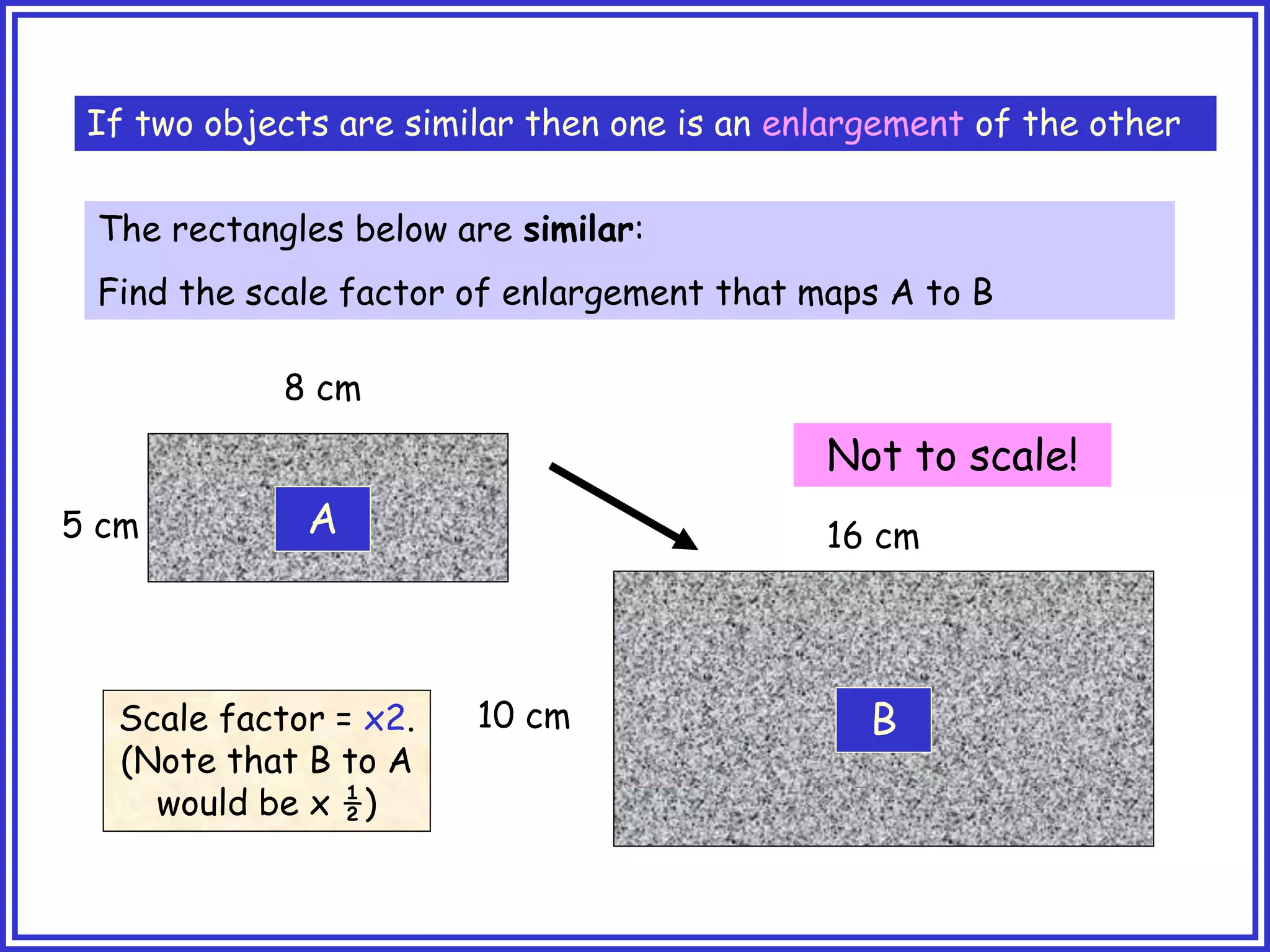 If two objects are similar then one is an enlargement of the other
The rectangles below are similar:
Find the scale factor of enlargement that maps A to B
A
B
8 cm
16 cm
5 cm
10 cm
Not to scale!
Scale factor = x2.
(Note that B to A
would be x ½)
 