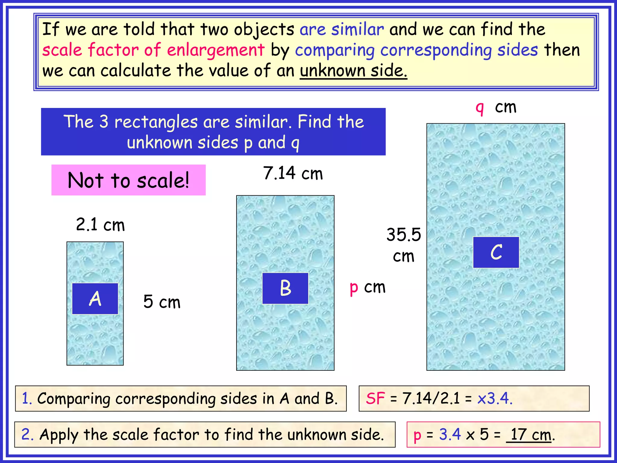 5 cm
If we are told that two objects are similar and we can find the
scale factor of enlargement by comparing corresponding sides then
we can calculate the value of an unknown side.
A
B
C
2.1 cm
Not to scale!
p cm
7.14 cm
35.5
cm
q cm
The 3 rectangles are similar. Find the
unknown sides p and q
1. Comparing corresponding sides in A and B. SF = 7.14/2.1 = x3.4.
2. Apply the scale factor to find the unknown side. p = 3.4 x 5 = 17 cm.
 