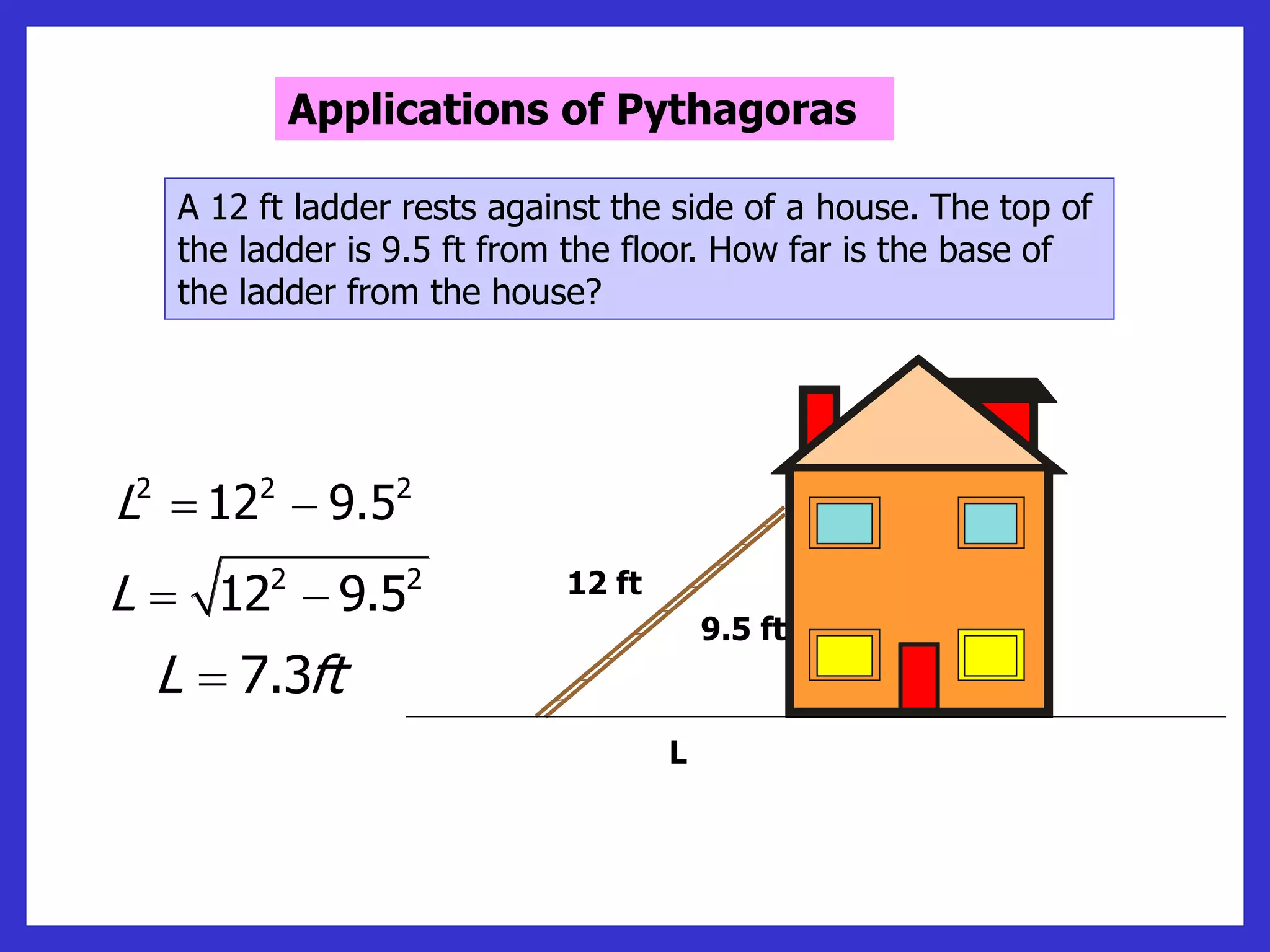 12 ft
9.5 ft
L
A 12 ft ladder rests against the side of a house. The top of
the ladder is 9.5 ft from the floor. How far is the base of
the ladder from the house?
Applications of Pythagoras
2 2 2
12 9.5
L  
2 2
12 9.5
L  
7.3
L ft

 