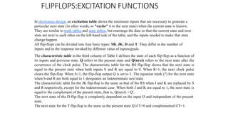 FLIPFLOPS:EXCITATION FUNCTIONS
In electronics design, an excitation table shows the minimum inputs that are necessary to generate a
particular next state (in other words, to "excite" it to the next state) when the current state is known.
They are similar to truth tables and state tables, but rearrange the data so that the current state and next
state are next to each other on the left-hand side of the table, and the inputs needed to make that state
change happen.
All flip-flops can be divided into four basic types: SR, JK, D and T. They differ in the number of
inputs and in the response invoked by different value of inputsignals.
The characteristic table in the third column of Table 1 defines the state of each flip-flop as a function of
its inputs and previous state. Q refers to the present state and Q(next) refers to the next state after the
occurrence of the clock pulse. The characteristic table for the RS flip-flop shows that the next state is
equal to the present state when both inputs S and R are equal to 0. When R=1, the next clock pulse
clears the flip-flop. When S=1, the flip-flop output Q is set to 1. The equation mark (?) for the next state
when S and R are both equal to 1 designates an indeterminate nextstate.
The characteristic table for the JK flip-flop is the same as that of the RS when J and K are replaced by S
and R respectively, except for the indeterminate case. When both J and K are equal to 1, the next state is
equal to the complement of the present state, that is, Q(next) = Q'.
The next state of the D flip-flop is completely dependent on the input D and independent of the present
state.
The next state for the T flip-flop is the same as the present state Q if T=0 and complemented ifT=1.
 