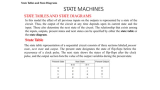 STATE MACHINES
State Tables and State Diagrams
ST
A
TETABLESAND ST
A
TE DIAGRAMS
In this model the effect of all previous inputs on the outputs is represented by a state of the
circuit. Thus, the output of the circuit at any time depends upon its current state and the
input. These also determine the next state of the circuit. The relationship that exists among
the inputs, outputs, present states and next states can be specified by either the state table or
the state diagram.
State T
able
The state table representation of a sequential circuit consists of three sections labeled present
state, next state and output. The present state designates the state of flip-flops before the
occurrence of a clock pulse. The next state shows the states of flip-flops after the clock
pulse, and the output section lists the value of the output variables during the presentstate.
 