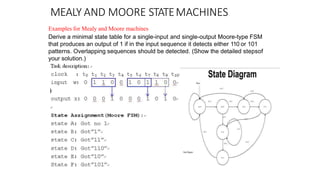 MEALY AND MOORE STATEMACHINES
Examples for Mealy and Moore machines
Derive a minimal state table for a single-input and single-output Moore-type FSM
that produces an output of 1 if in the input sequence it detects either 110 or 101
patterns. Overlapping sequences should be detected. (Show the detailed stepsof
your solution.)
 